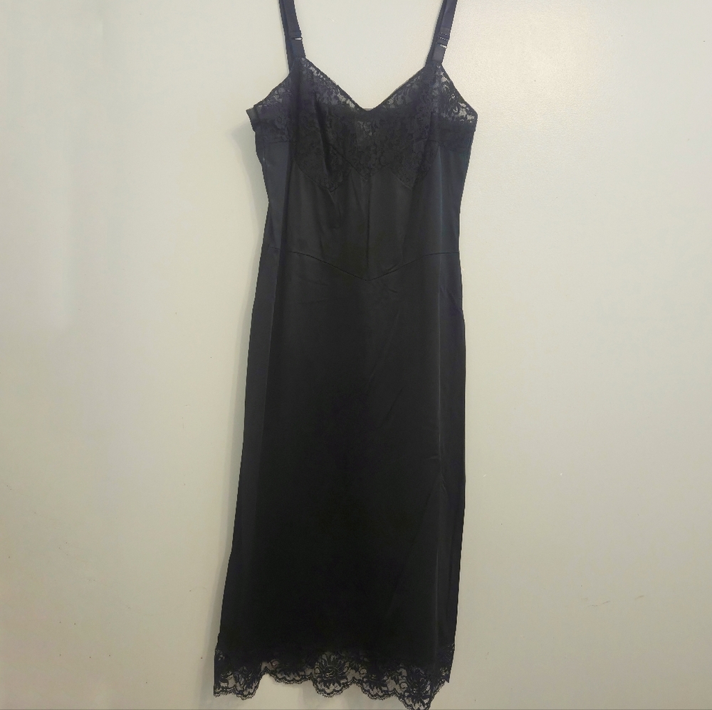 Vintage Movie Star Black Slip Dress Lace Nylon Satin Whimsigoth Romantic USA 38